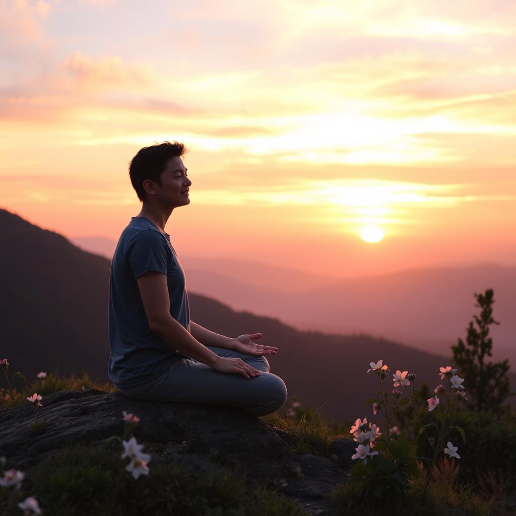 A serene landscape depicting a peaceful moment of self-reflection and emotional healing