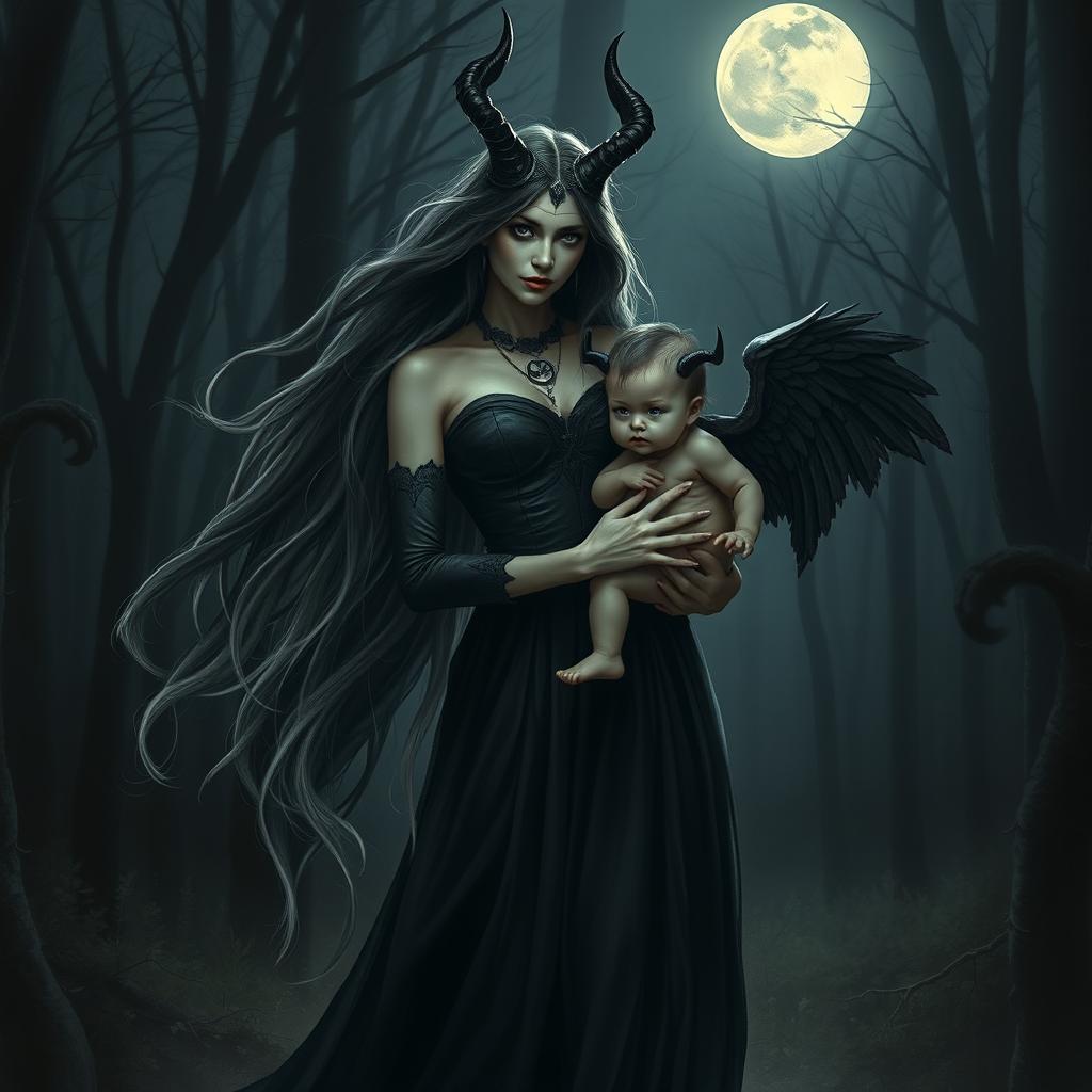 A dark and mystical scene featuring Lilith, the mythical figure, gracefully holding a child representing the Antichrist