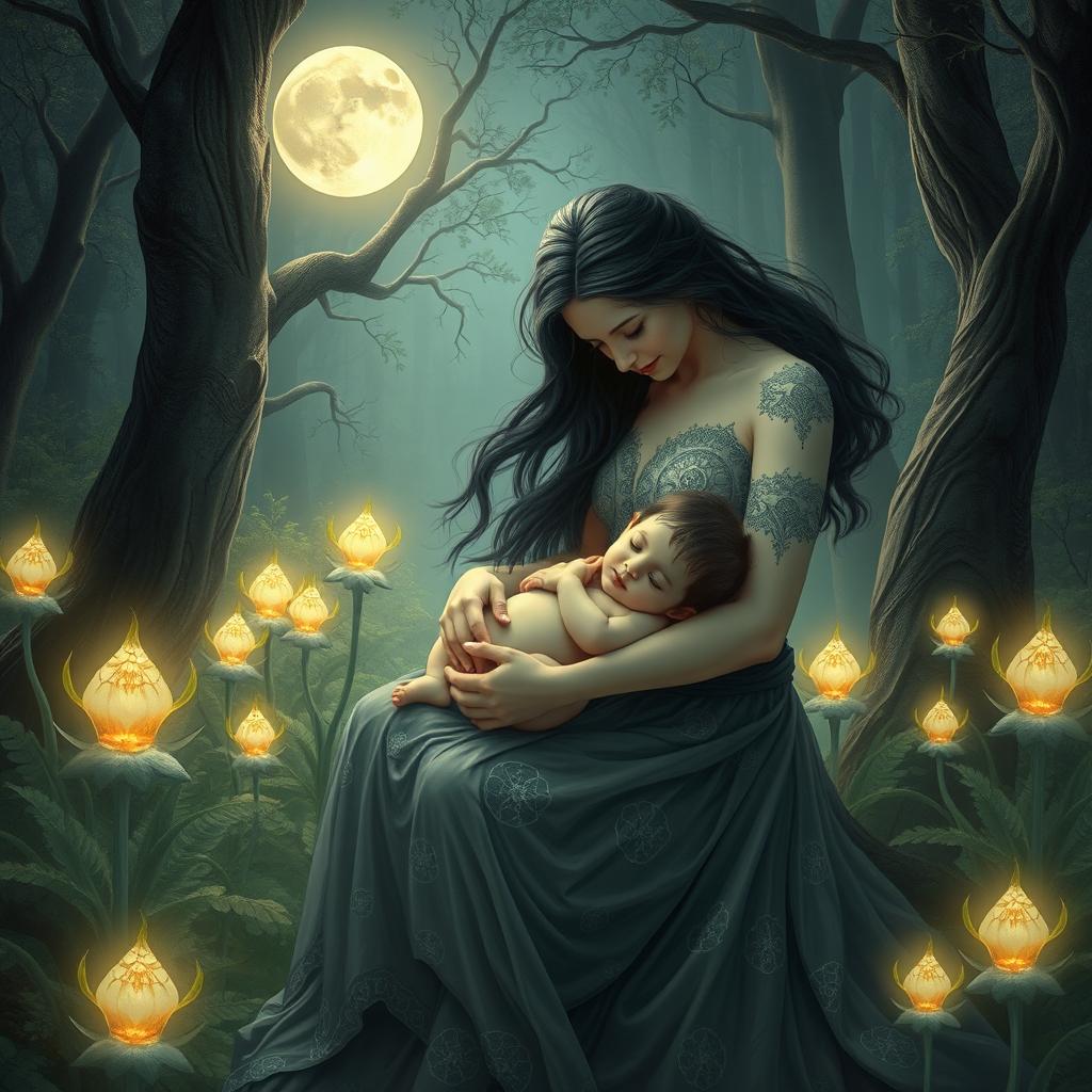 A serene and surreal scene depicting Lilith, a mythical figure often associated with the night and femininity, cradling and nurturing the Antichrist child in a mystical forest setting