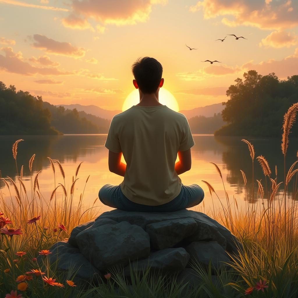 A serene landscape illustrating a person overcoming negative emotions through meditation and connection with nature