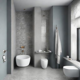 A uniquely designed bathroom with hexagonal terrazzo detailing and a cement grey color scheme.