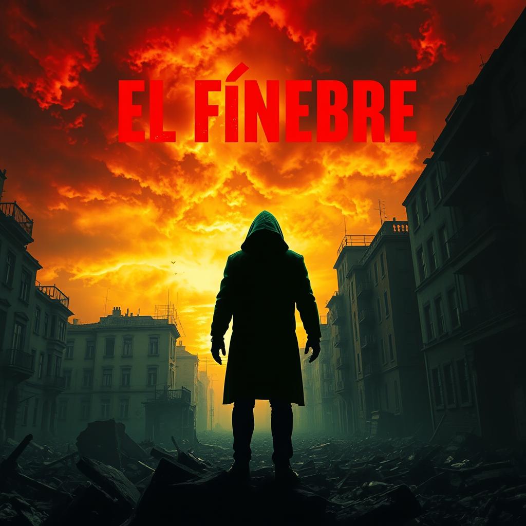 A mysterious man standing amidst the ruins and darkness of a European city, conveying an unsettling presence