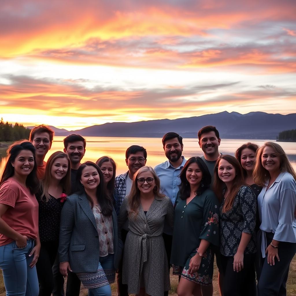 A diverse group of people of various ethnicities and ages, standing together in a beautiful outdoor setting during sunset, symbolizing the theme of embracing change and letting go of expectations