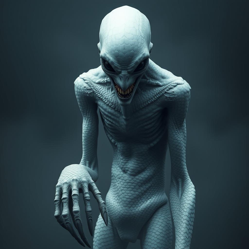 An elongated humanoid creature with white scaly skin, completely bald, featuring entirely black eyes and sharp teeth