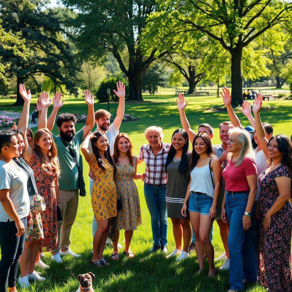A diverse group of individuals of various ethnicities and ages, gathered in a sunny park setting, symbolizing the theme of embracing change and letting go of expectations