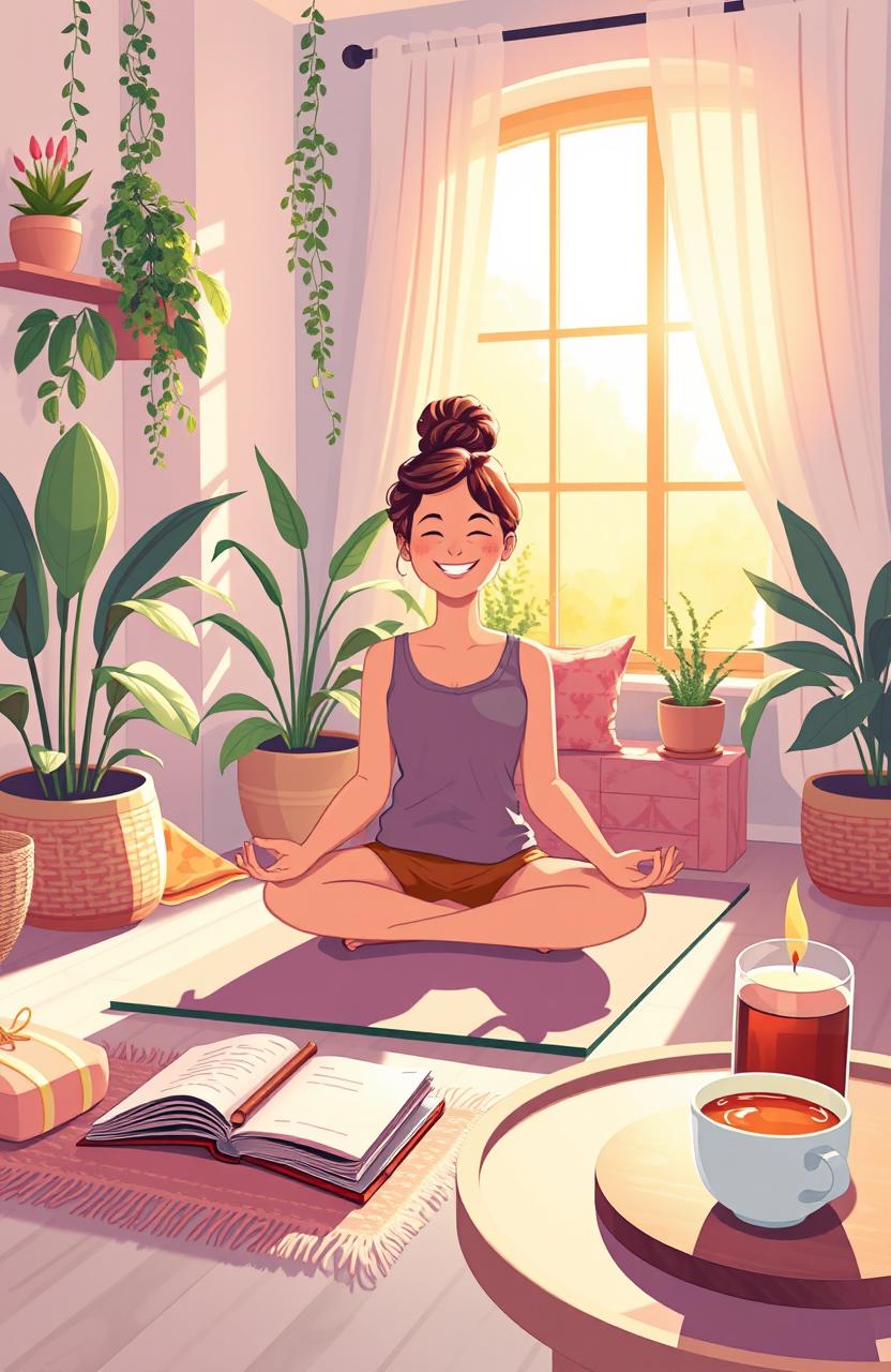An inviting and cozy digital illustration depicting a serene and uplifting scene centered around daily happiness habits