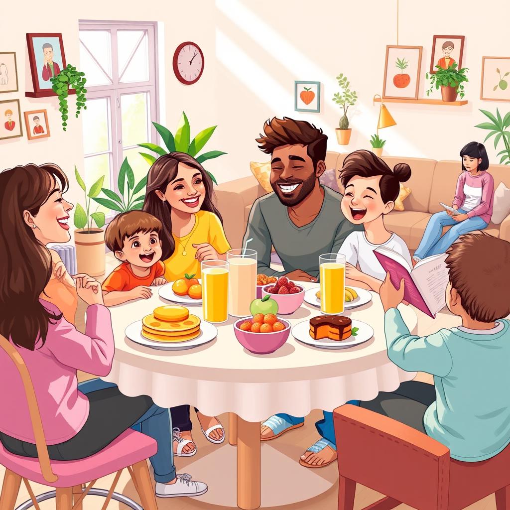 A warm and heartwarming digital illustration depicting a family engaging in daily happiness habits together
