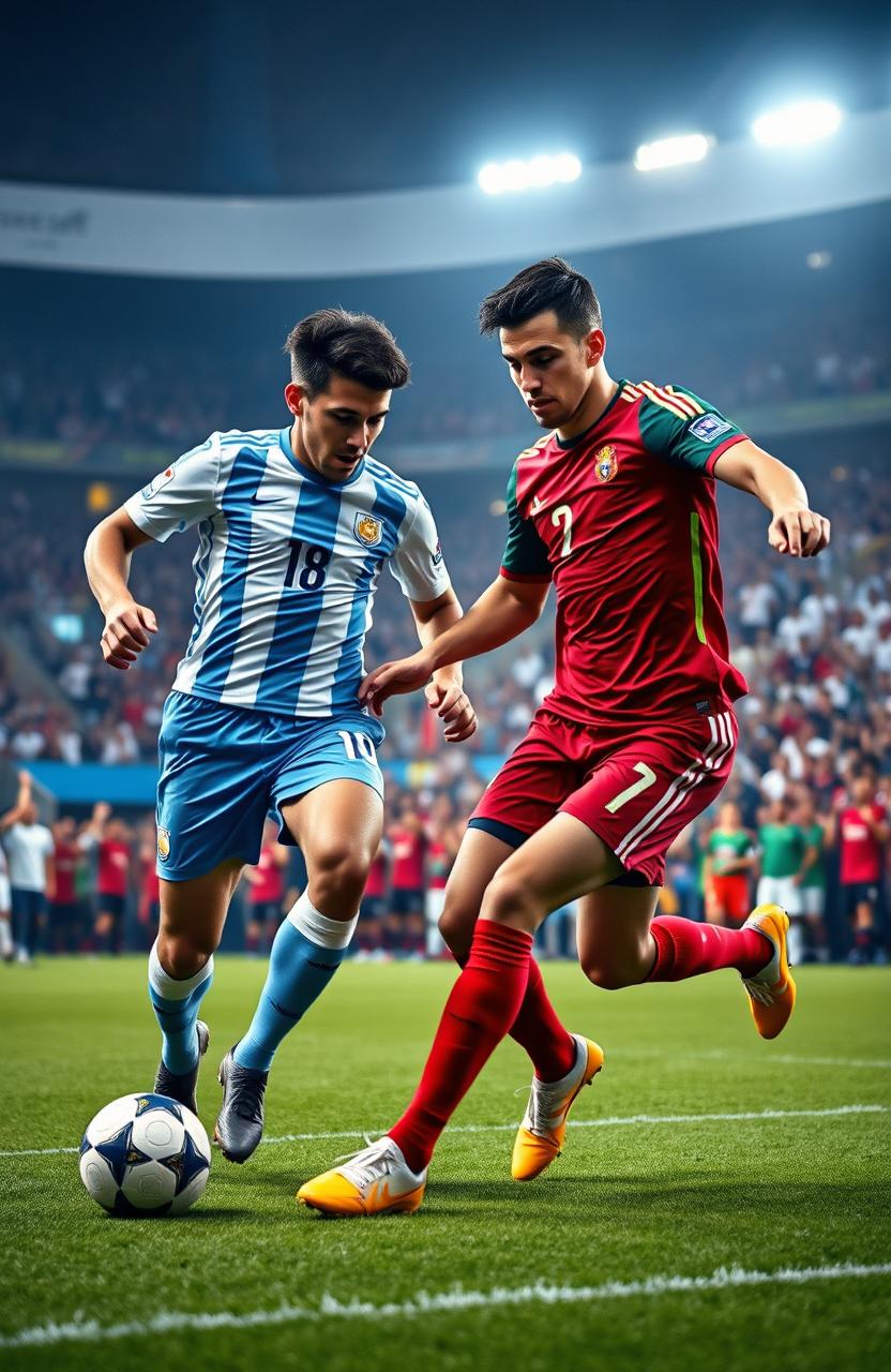 An intense football match scene featuring two famous players resembling a certain left-footed Argentine forward and a right-footed Portuguese forward, both in competitive poses