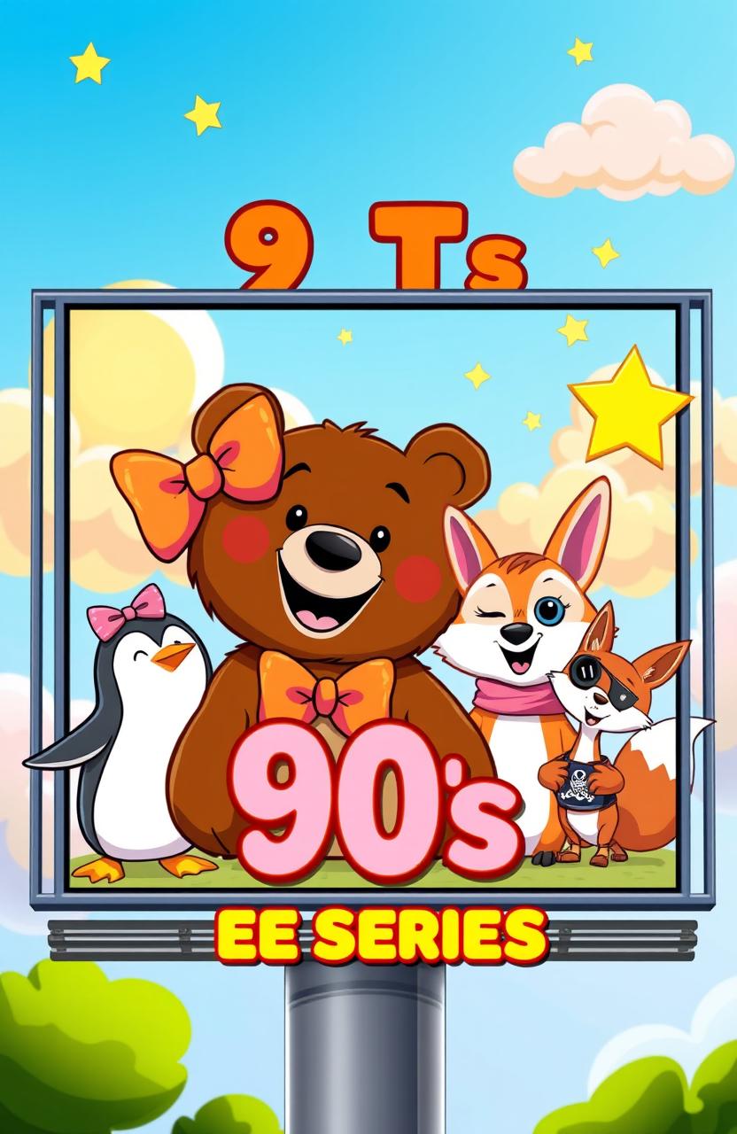 A colorful and nostalgic billboard design for a 90s TV series, featuring a stylized brown bear wearing a large, vibrant bow