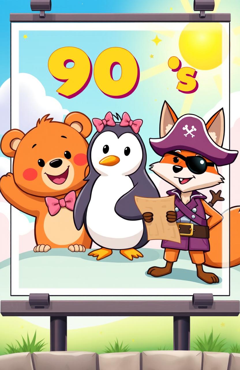 A vibrant and colorful billboard for a nostalgic 90s TV series featuring three main characters: a friendly brown bear wearing a cute bow, a cheerful penguin dressed in adorable pink clothes complete with bows on her head, and an adventurous pirate fox with a classic pirate hat and eyepatch, standing confidently with a treasure map