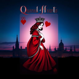 A captivating book cover design that features the Queen of Hearts playing card as the central focus with her vivid red dress and ornate crown, elegantly framed by heart motifs