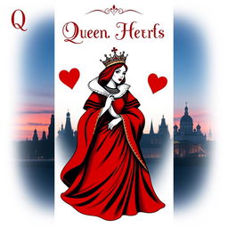 A captivating book cover design that features the Queen of Hearts playing card as the central focus with her vivid red dress and ornate crown, elegantly framed by heart motifs