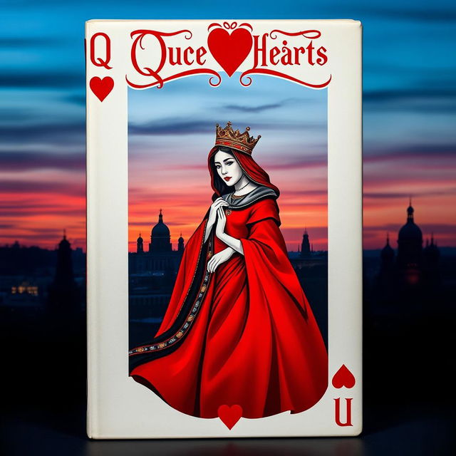 A captivating book cover design that features the Queen of Hearts playing card as the central focus with her vivid red dress and ornate crown, elegantly framed by heart motifs