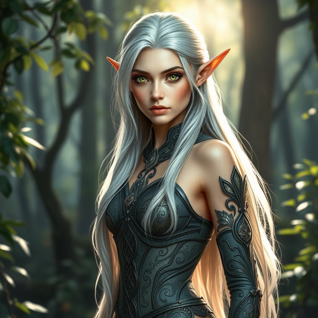 A stunning elf woman standing elegantly, her full body on display