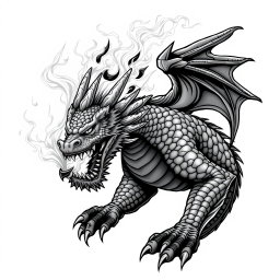 An ultra-detailed black and white illustration of an aggressive dragon, showcasing intricate scales, sharp claws, and fierce eyes