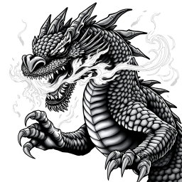 An ultra-detailed black and white illustration of an aggressive dragon, showcasing intricate scales, sharp claws, and fierce eyes