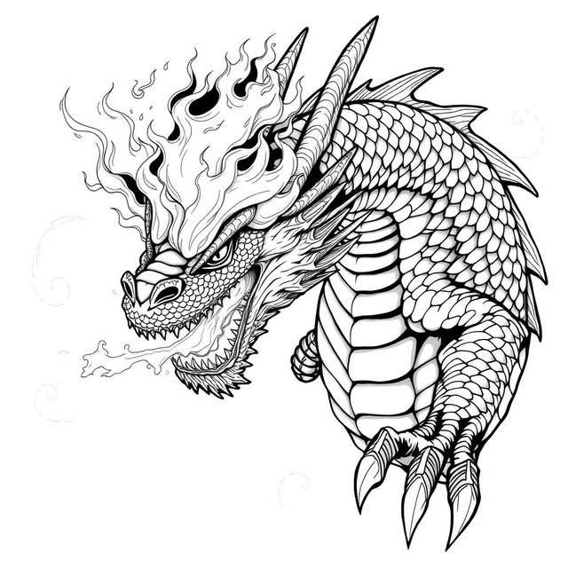 An ultra-detailed black and white illustration of an aggressive dragon, showcasing intricate scales, sharp claws, and fierce eyes