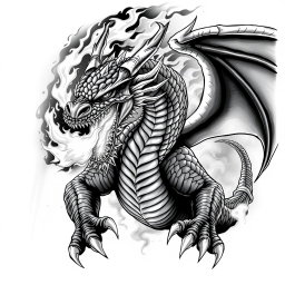 An ultra-detailed black and white illustration of an aggressive dragon, showcasing intricate scales, sharp claws, and fierce eyes