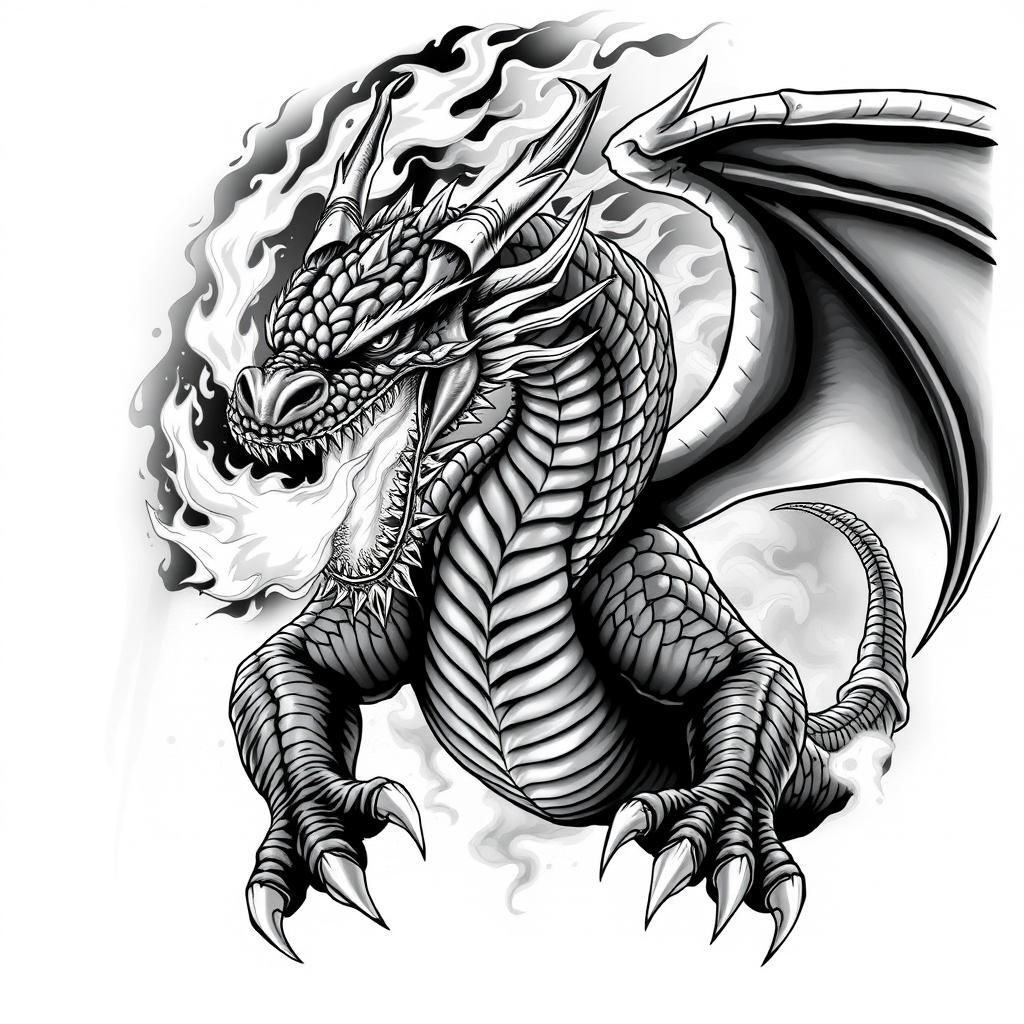 An ultra-detailed black and white illustration of an aggressive dragon, showcasing intricate scales, sharp claws, and fierce eyes