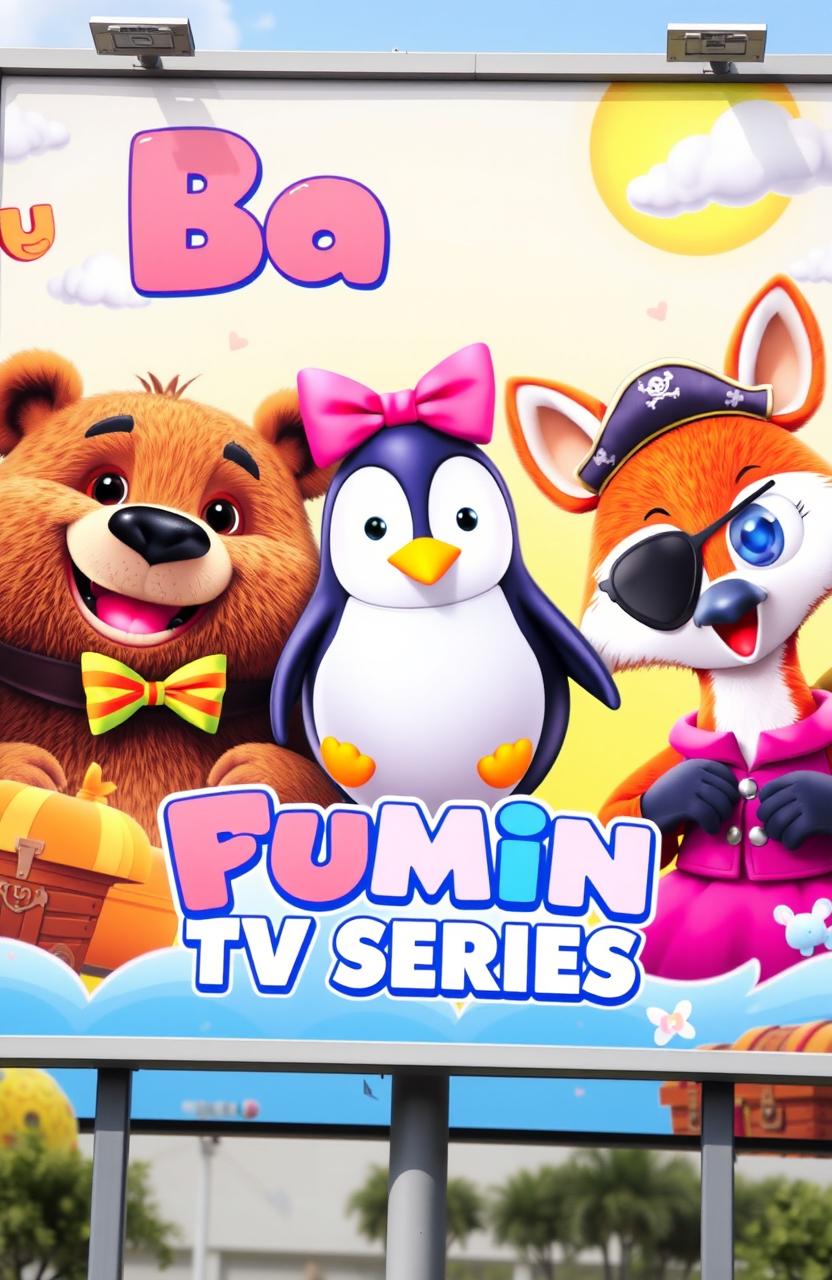 A vibrant and eye-catching billboard for a TV series, featuring a charismatic brown bear with a colorful bow, a cute penguin wearing stylish pink clothing adorned with bows on her head, and a pirate-themed fox complete with a pirate hat and eye patch