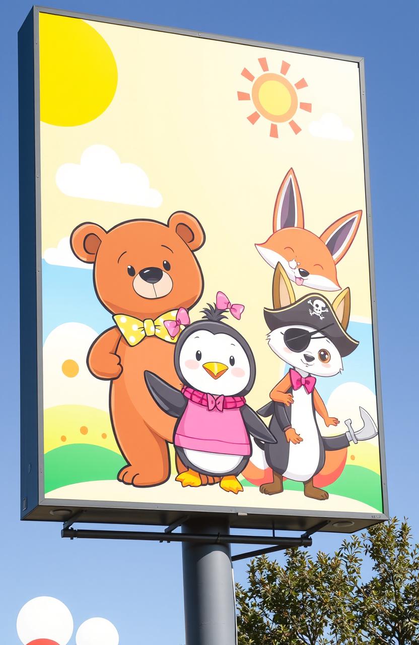 A vibrant, eye-catching billboard featuring a friendly brown bear wearing a colorful bow, a cheerful penguin dressed in adorable pink clothes with matching bows on her head, and a daring pirate fox sporting an eye patch and a pirate hat