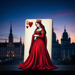 A visually striking book cover showcasing the Queen of Hearts playing card as the central focus, featuring her elegantly designed red dress with intricate heart patterns and a regal crown