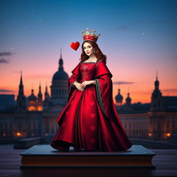 A visually striking book cover showcasing the Queen of Hearts playing card as the central focus, featuring her elegantly designed red dress with intricate heart patterns and a regal crown