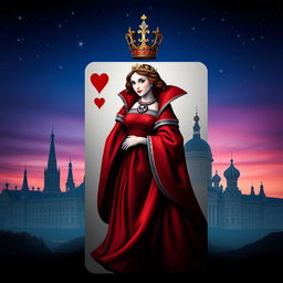 A visually striking book cover showcasing the Queen of Hearts playing card as the central focus, featuring her elegantly designed red dress with intricate heart patterns and a regal crown