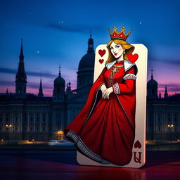 A visually striking book cover showcasing the Queen of Hearts playing card as the central focus, featuring her elegantly designed red dress with intricate heart patterns and a regal crown