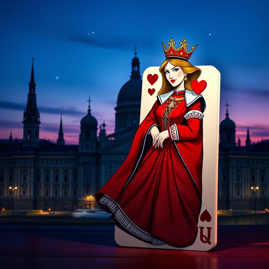 A visually striking book cover showcasing the Queen of Hearts playing card as the central focus, featuring her elegantly designed red dress with intricate heart patterns and a regal crown
