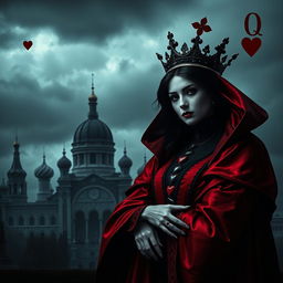 A dark and mysterious book cover design featuring the Queen of Hearts playing card as the focal point, portrayed with a shadowy and Gothic twist