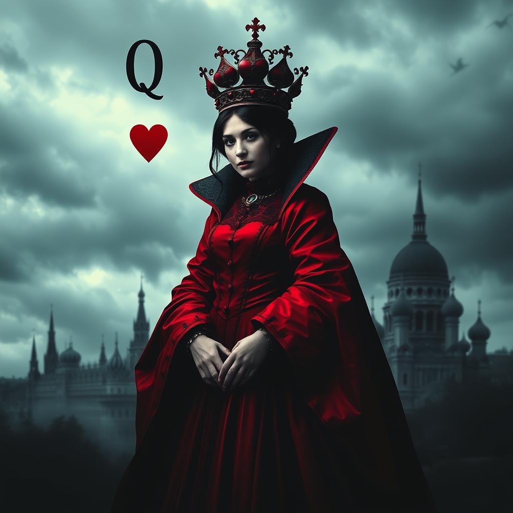 A dark and mysterious book cover design featuring the Queen of Hearts playing card as the focal point, portrayed with a shadowy and Gothic twist