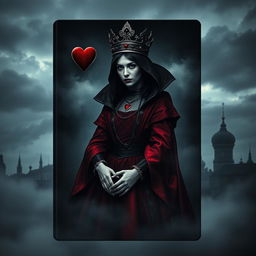 A dark and mysterious book cover design featuring the Queen of Hearts playing card as the focal point, portrayed with a shadowy and Gothic twist