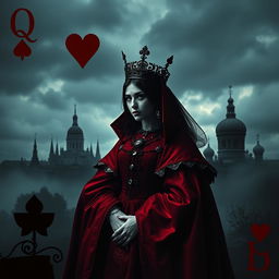A dark and mysterious book cover design featuring the Queen of Hearts playing card as the focal point, portrayed with a shadowy and Gothic twist