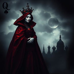 A dark and intriguing book cover design featuring the Queen of Hearts playing card as the prominent focal point, depicted with a somber Gothic style