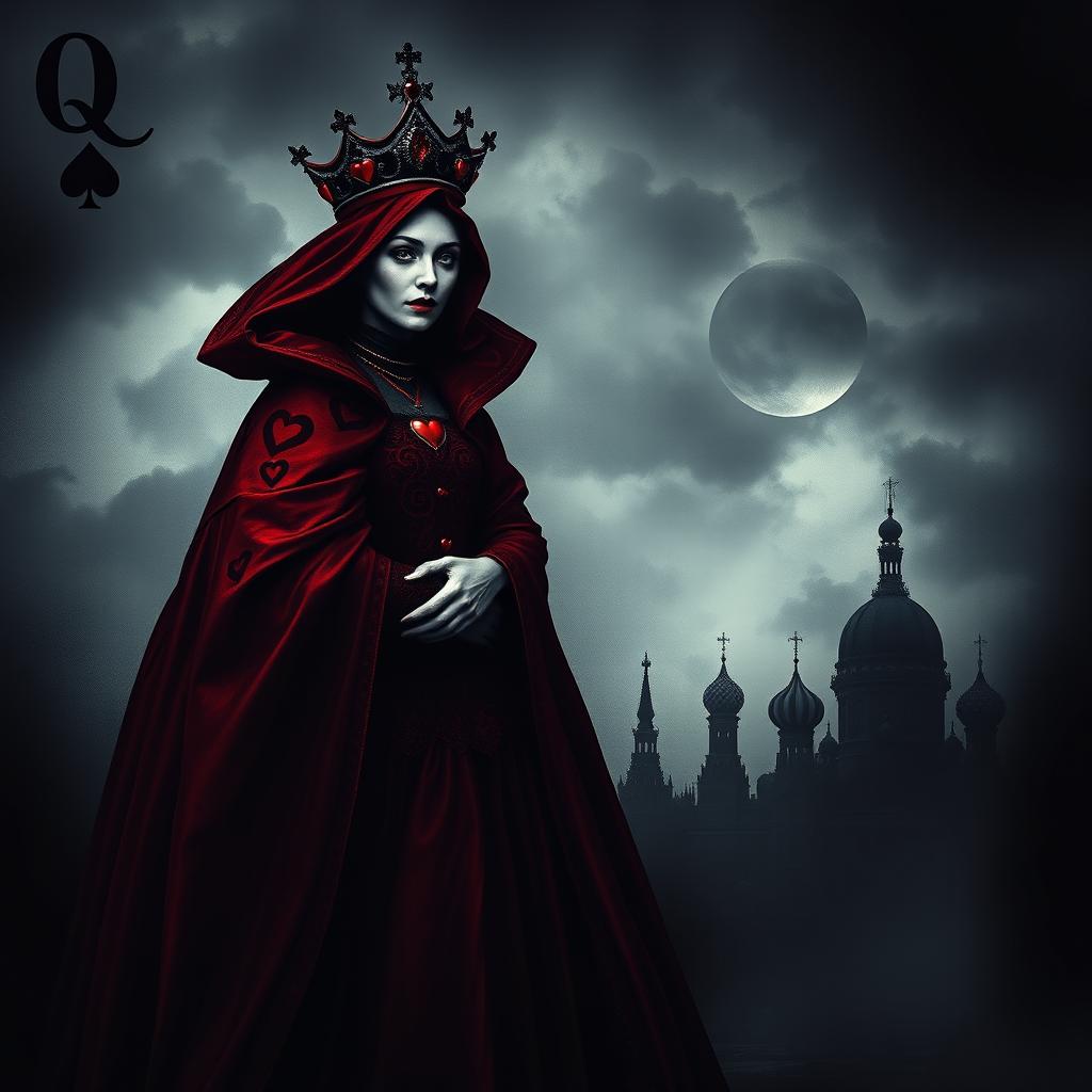 A dark and intriguing book cover design featuring the Queen of Hearts playing card as the prominent focal point, depicted with a somber Gothic style