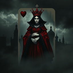 A dark and intriguing book cover design featuring the Queen of Hearts playing card as the prominent focal point, depicted with a somber Gothic style