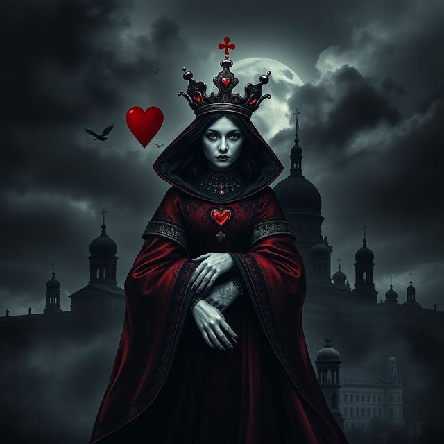 A dark and intriguing book cover design featuring the Queen of Hearts playing card as the prominent focal point, depicted with a somber Gothic style
