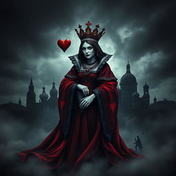 A dark and intriguing book cover design featuring the Queen of Hearts playing card as the prominent focal point, depicted with a somber Gothic style