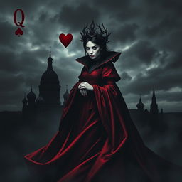 A dark and captivating book cover design featuring the Queen of Hearts playing card prominently displayed in the center