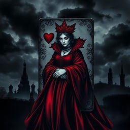 A dark and captivating book cover design featuring the Queen of Hearts playing card prominently displayed in the center