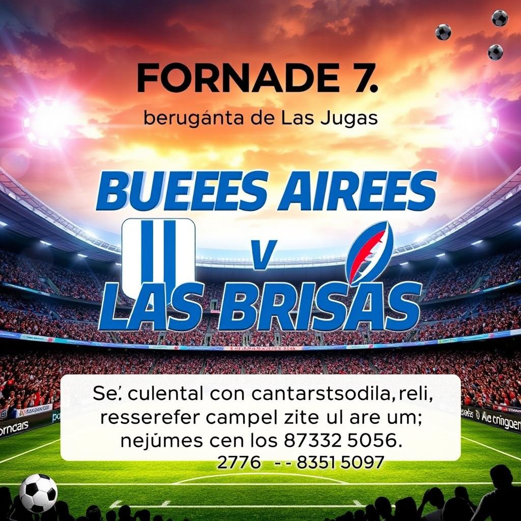A vibrant and modern promotional poster for a sports event featuring a football match between Buenos Aires and Las Brisas