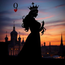 A visually striking book cover design featuring the silhouette of the Queen of Hearts playing card elegantly portrayed at the center