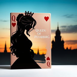 A captivating book cover design featuring the silhouette of the Queen of Hearts playing card beautifully rendered at the center