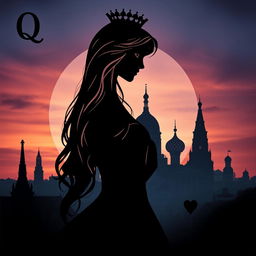 An enchanting book cover design showcasing the silhouette of the Queen of Hearts playing card as the focal point