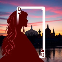 An enchanting book cover design showcasing the silhouette of the Queen of Hearts playing card as the focal point