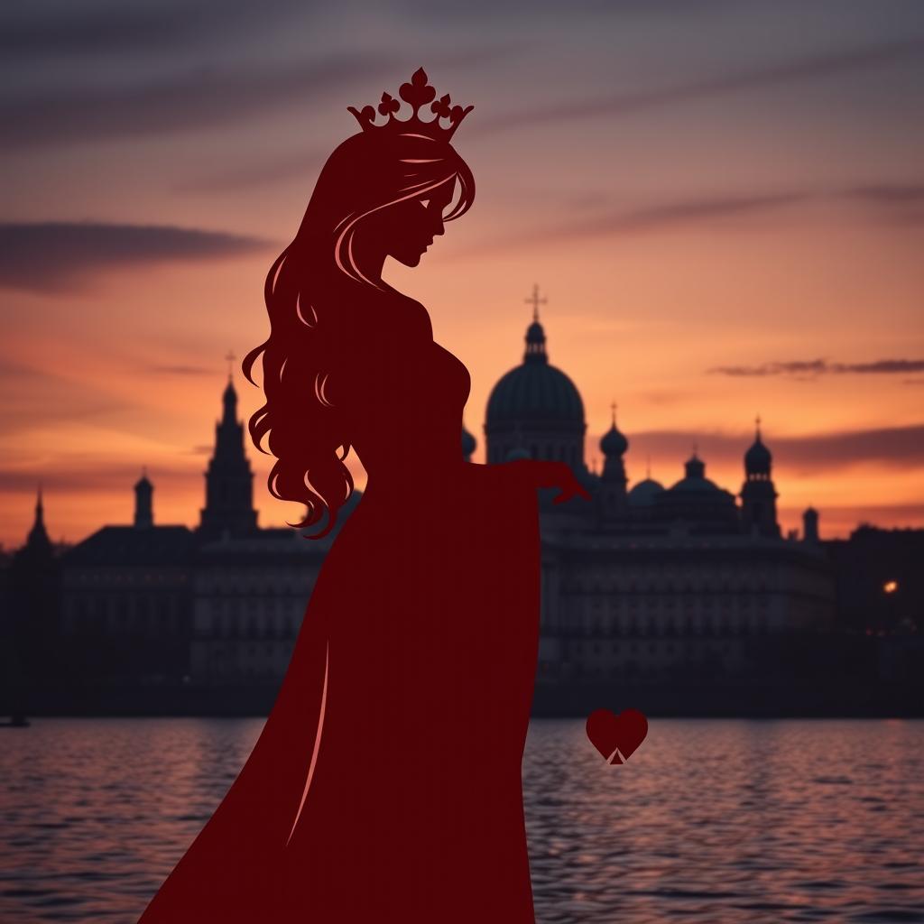 A stunning book cover design featuring a silhouette of the Queen of Hearts playing card as the central figure