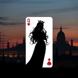 A stunning book cover design featuring a silhouette of the Queen of Hearts playing card as the central figure