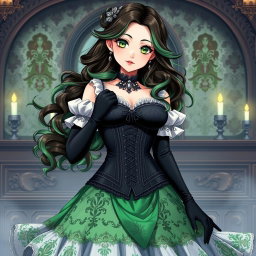 A gothic Victorian maiden anime girl with a striking and voluptuous figure, dressed in a tightly laced black corset that perfectly accentuates her curves, layered over a refined white bodice or chemisette