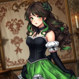 A gothic Victorian maiden anime girl with a striking and voluptuous figure, dressed in a tightly laced black corset that perfectly accentuates her curves, layered over a refined white bodice or chemisette